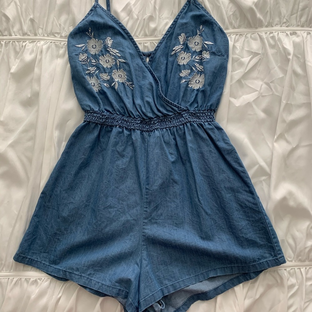 Embroidered blue jean romper